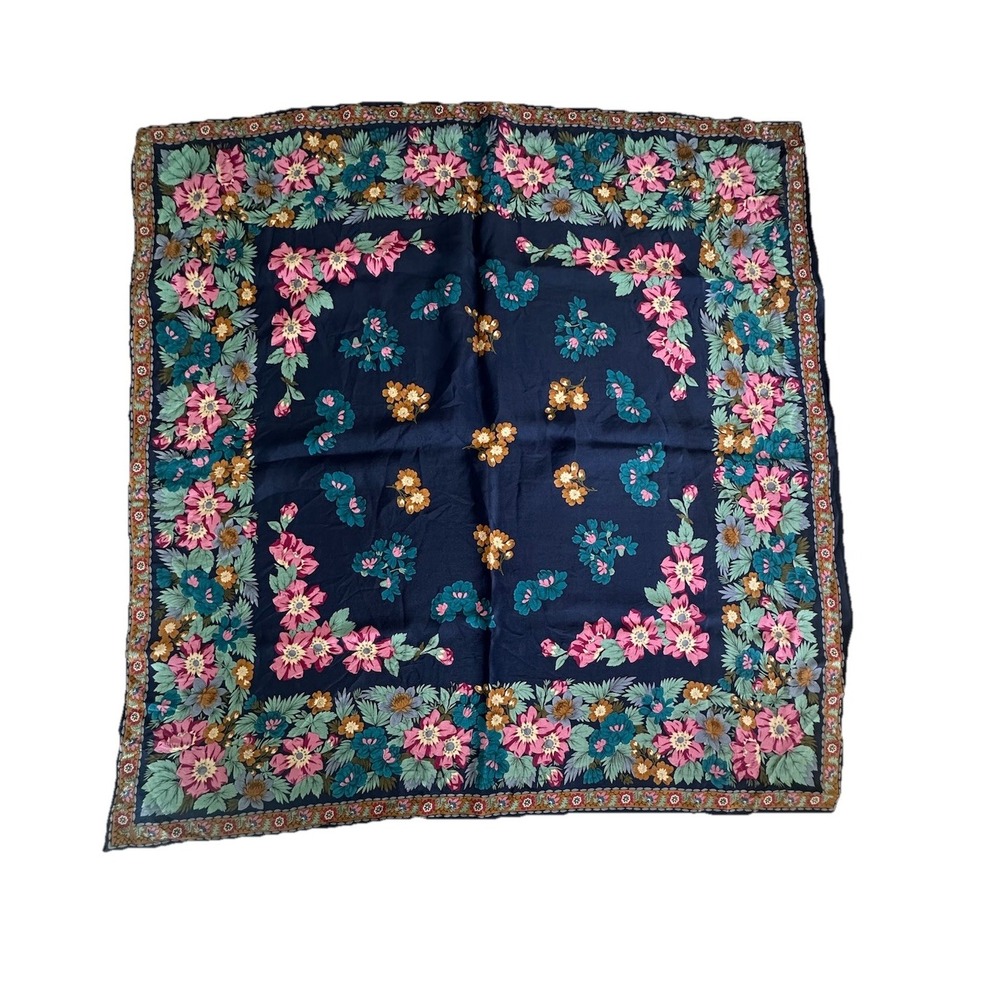 Navy Blue 100% Silk Scarf with Pink Primrose and Marigold Border 30" Square